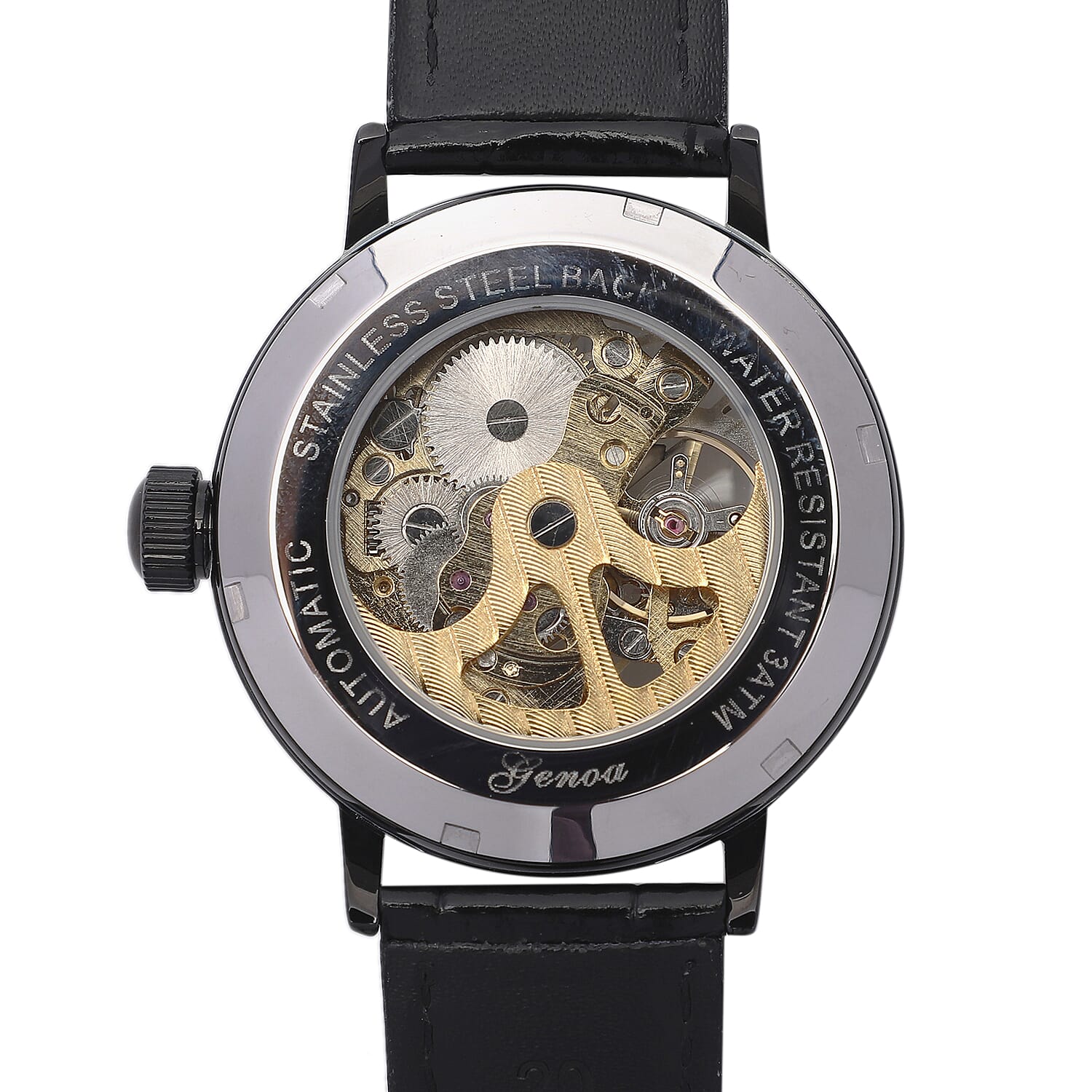 GENOA Automatic Movement Golden Dial 3 ATM Water Resistant Watch with Black Colour Genuine Leather
