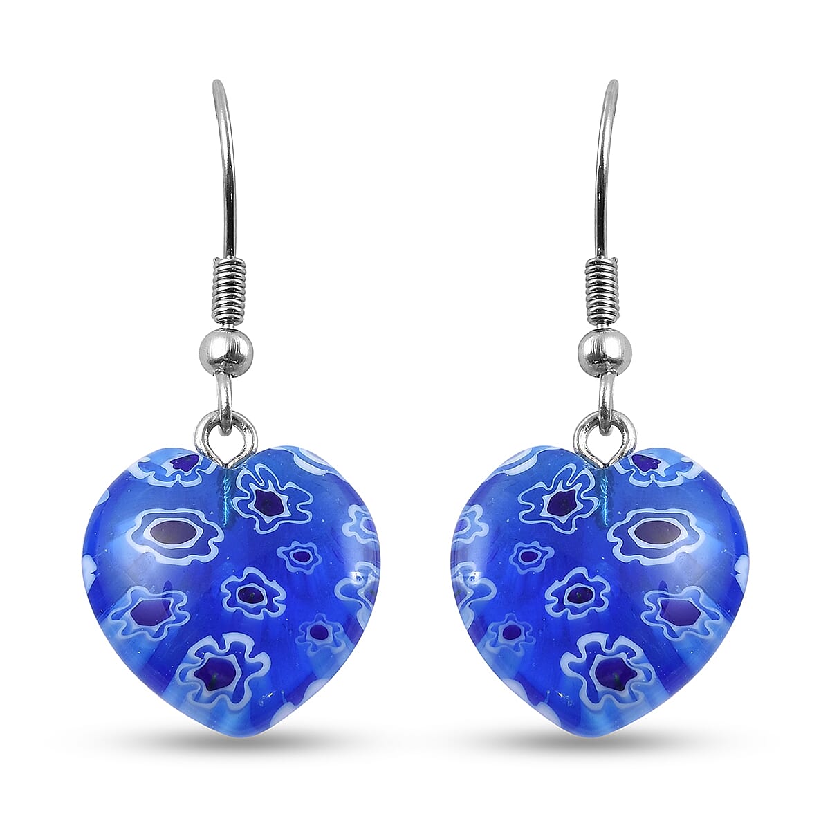 Blue Color Murano Glass Fish Hook Earrings in Stainless Steel 26.0 Ct