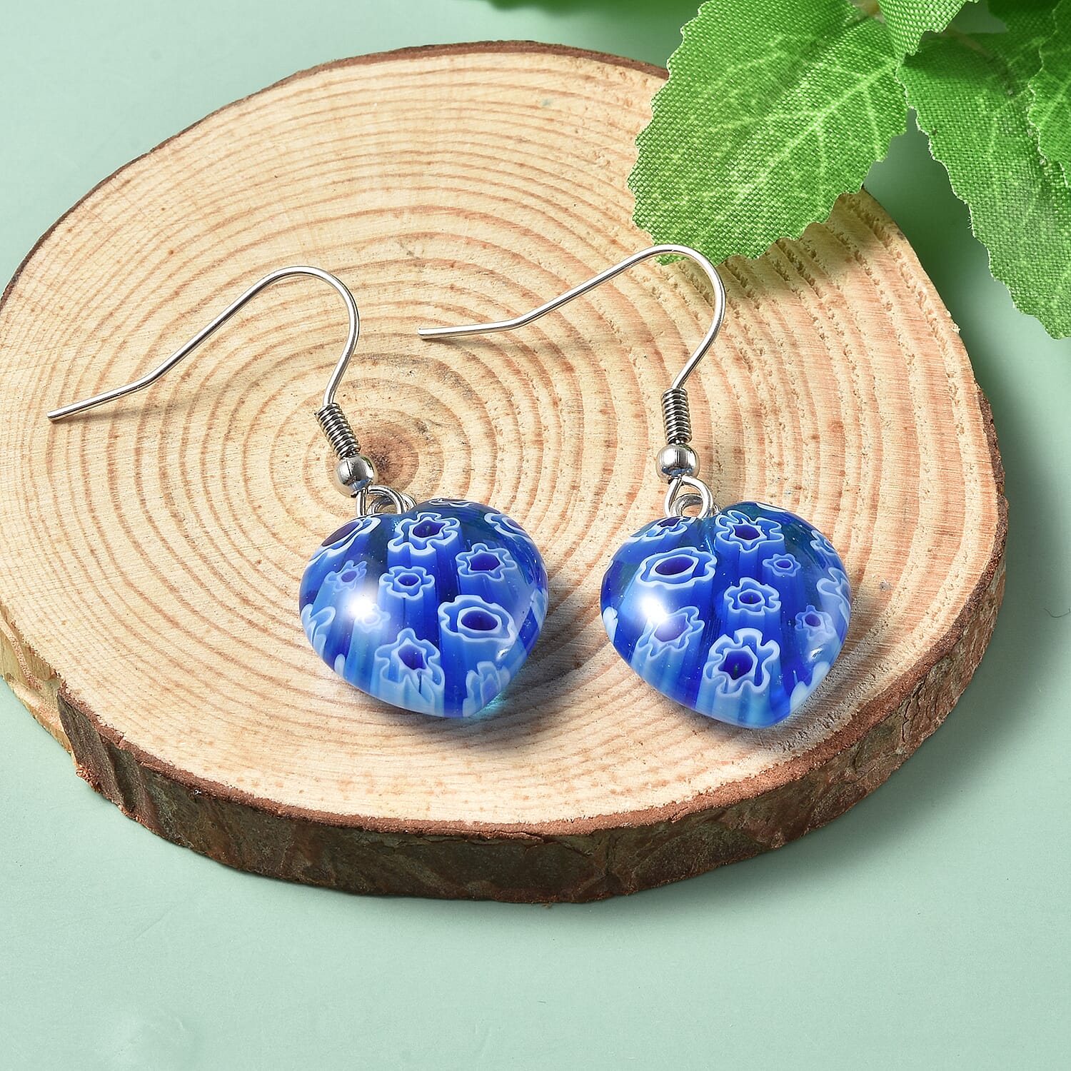 Blue Color Murano Glass Fish Hook Earrings in Stainless Steel 26.0 Ct