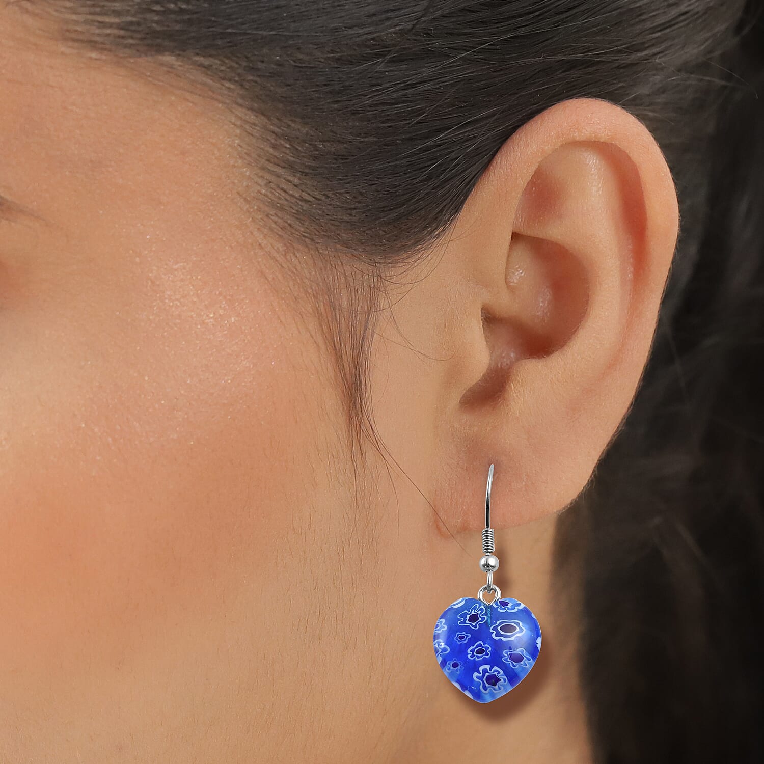 Blue Color Murano Glass Fish Hook Earrings in Stainless Steel 26.0 Ct