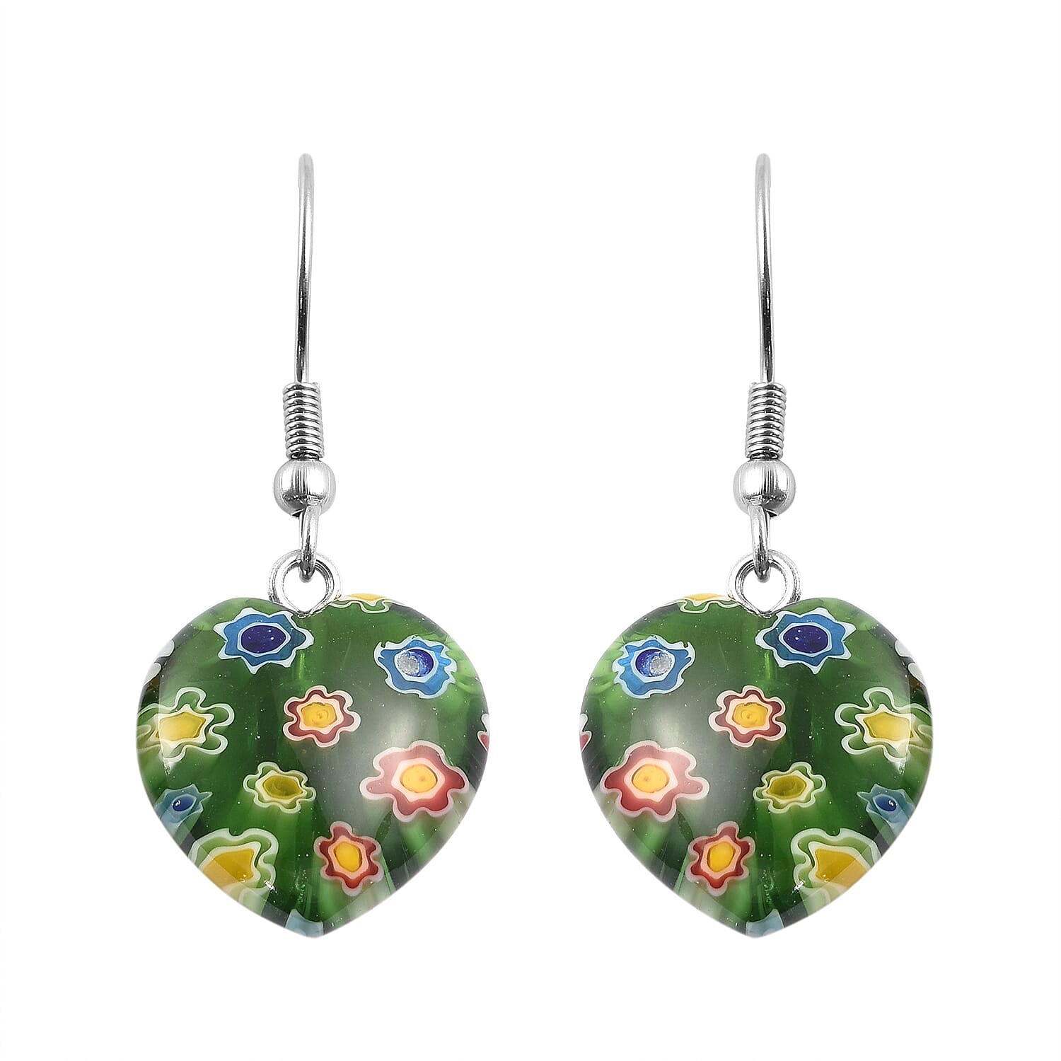 Green Color Murano Glass Fish Hook Earrings in Stainless Steel 26.00 Ct