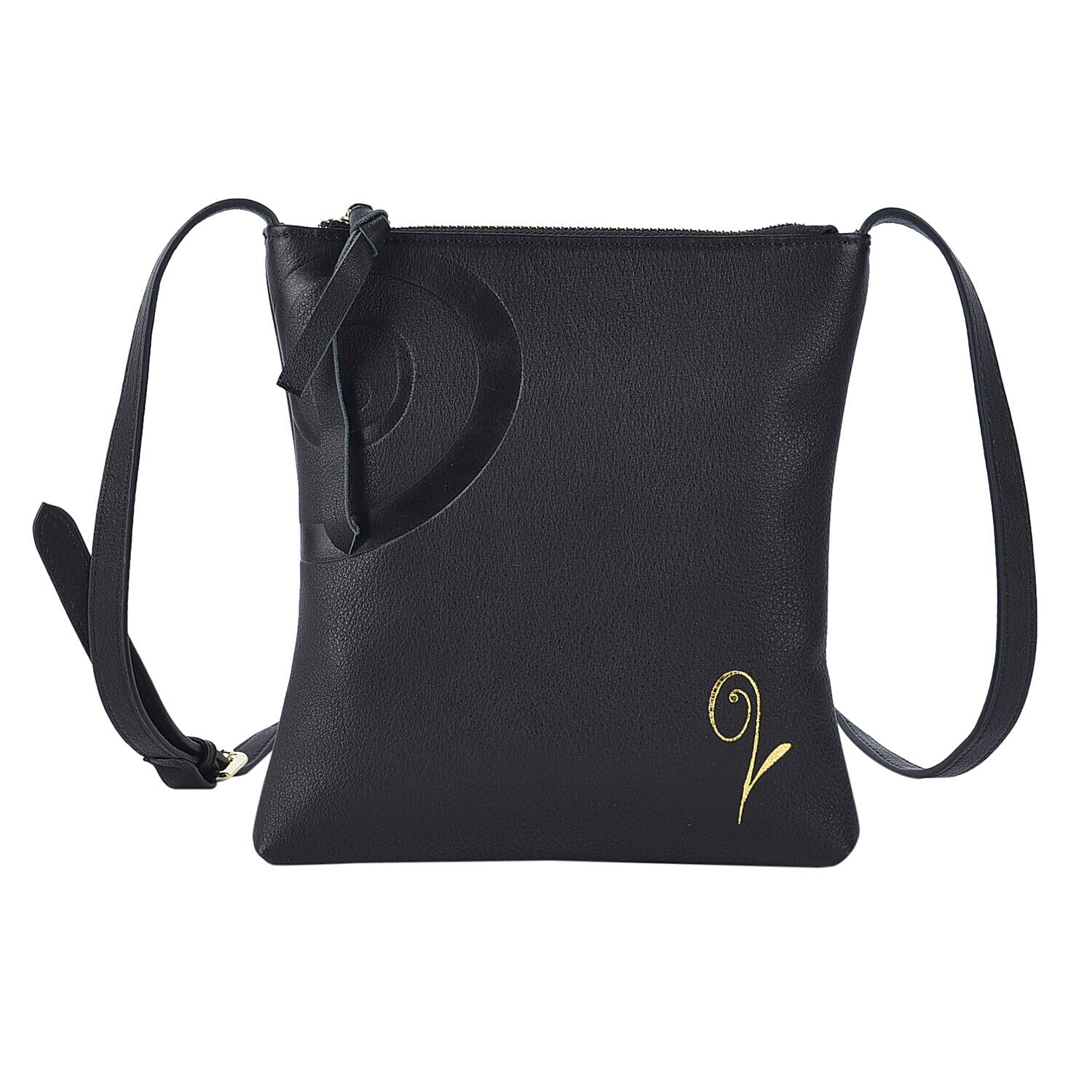 LUCYQ - 100% Genuine Leather Crossbody Bag with Shoulder Strap (Size 20x18x1Cm) - Black