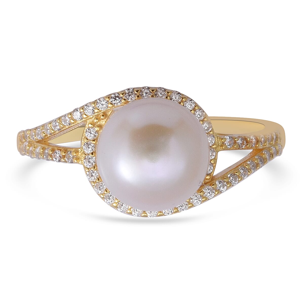 Fresh Water Pearl and Simulated Diamond Ring in Vermeil Yellow Gold Plated Sterling Silver
