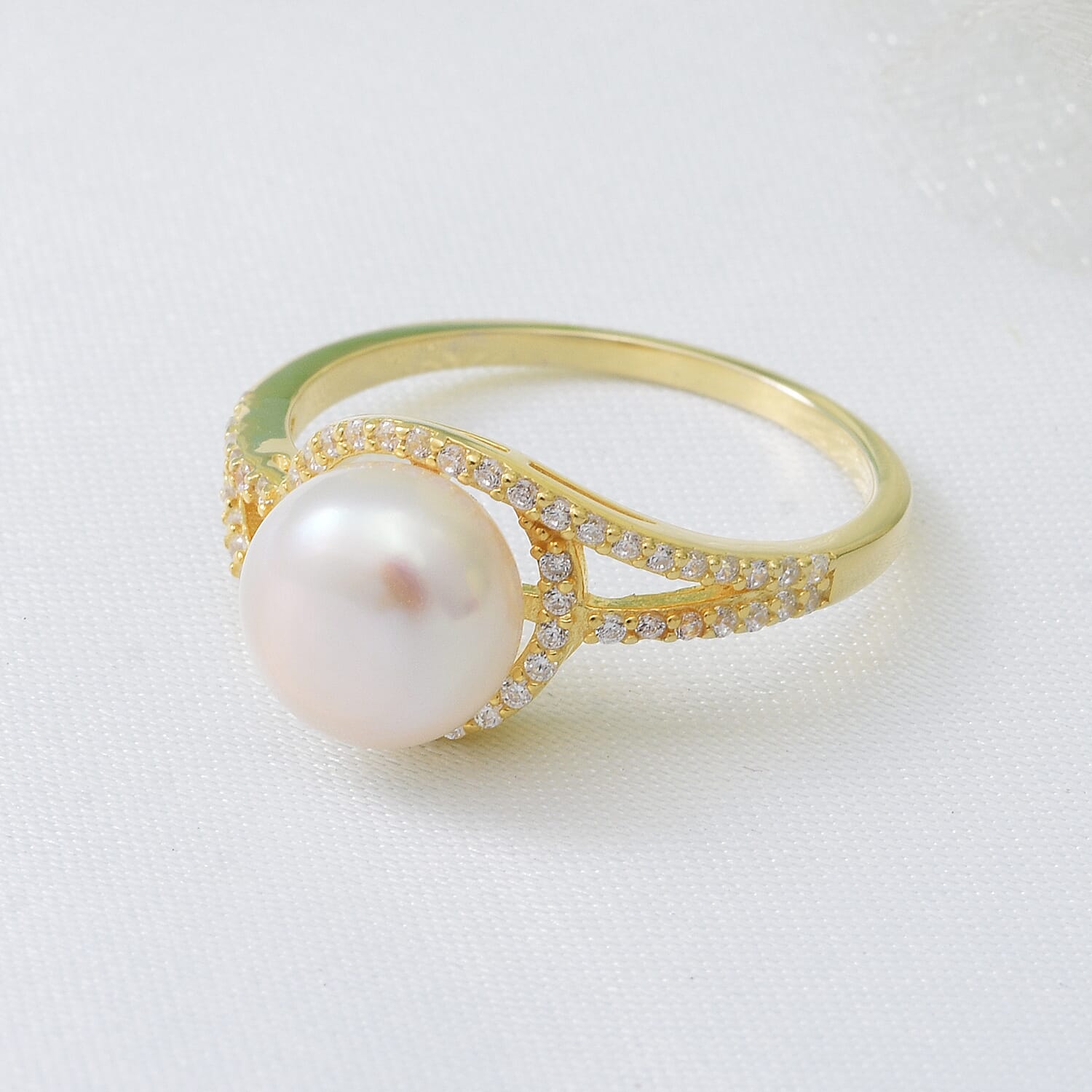 Fresh Water Pearl and Simulated Diamond Ring in Vermeil Yellow Gold Plated Sterling Silver