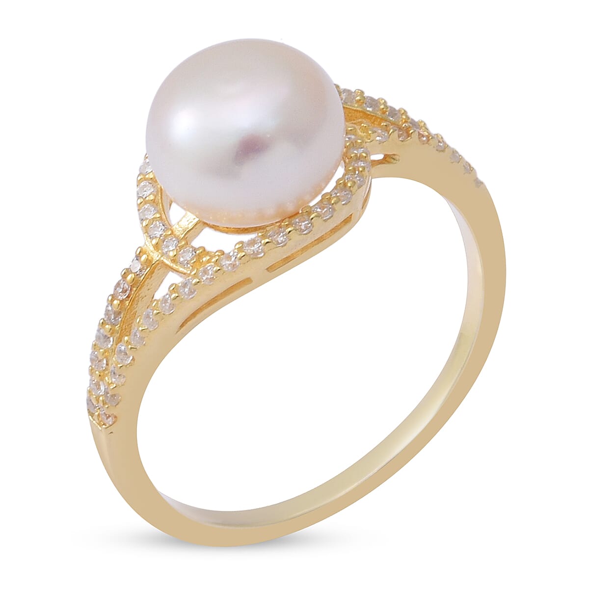 Fresh Water Pearl and Simulated Diamond Ring in Vermeil Yellow Gold Plated Sterling Silver
