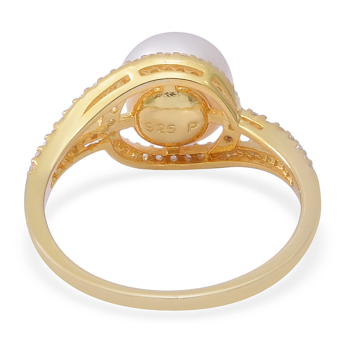 Fresh Water Pearl and Simulated Diamond Ring in Vermeil Yellow Gold Plated Sterling Silver