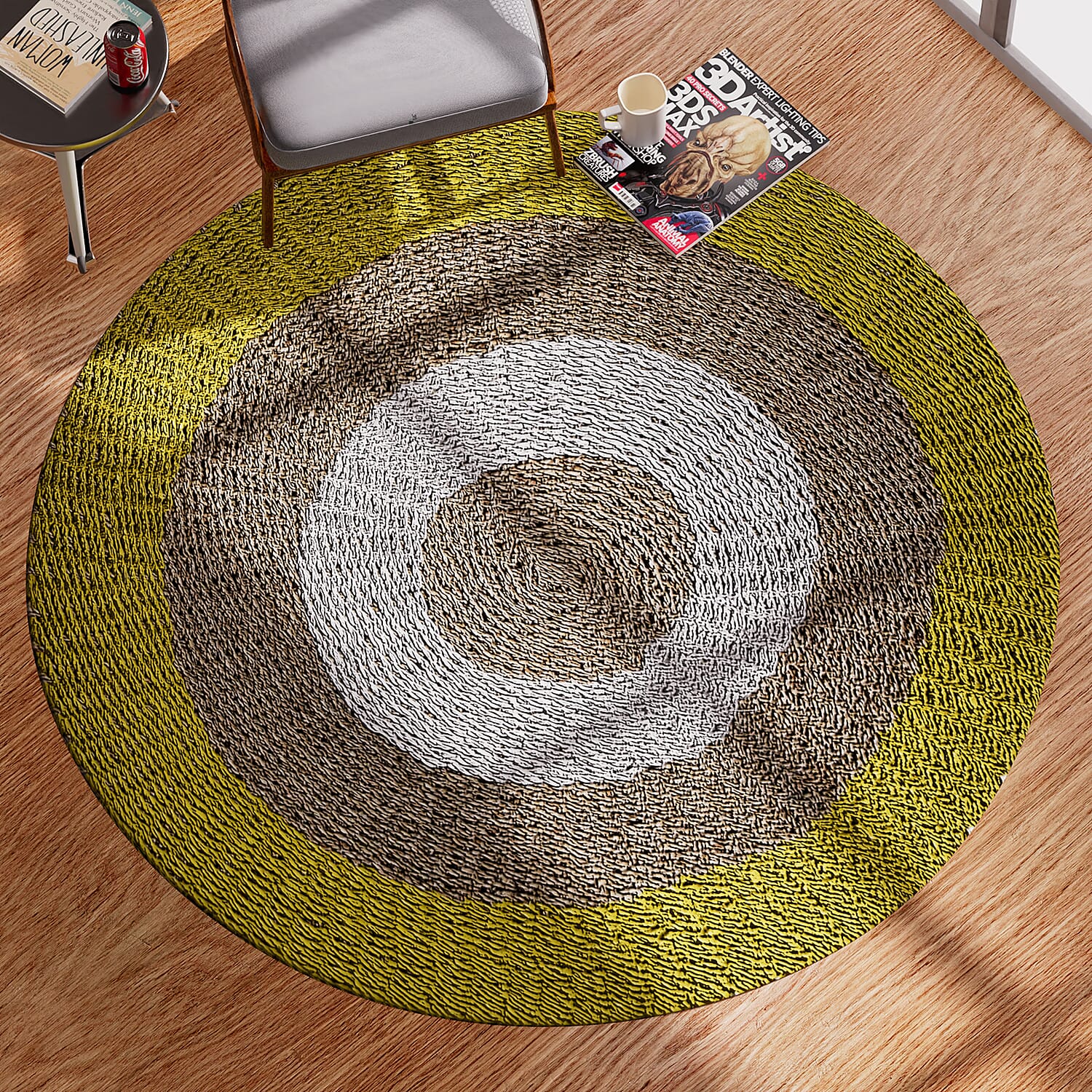 Bali Collection - 100% Handmade Woven Seagrass Rug (Size-100 Cm) - White and Lemon Yellow