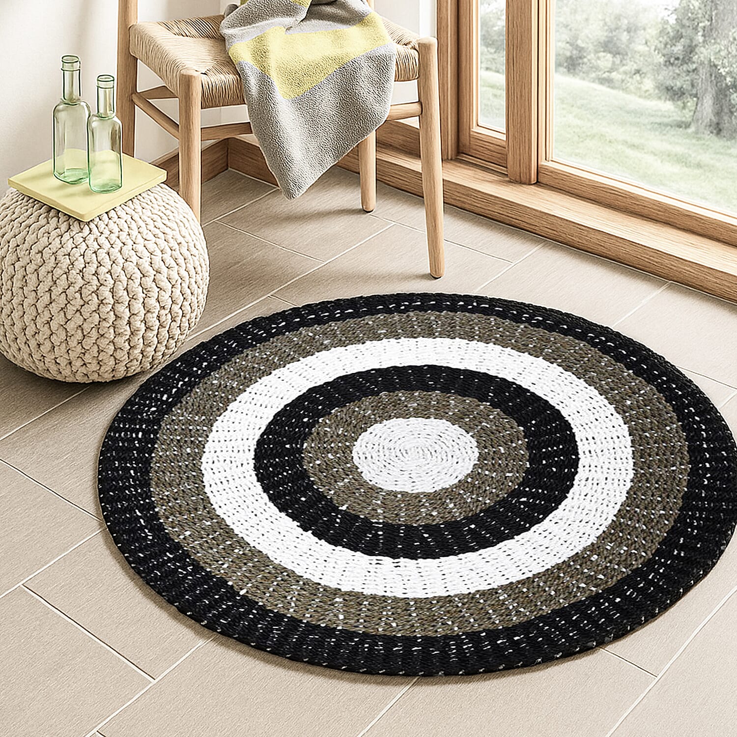 Bali Collection - 100% Handmade Woven Seagrass Rug (Size-100 Cm) - White, Black & Beige
