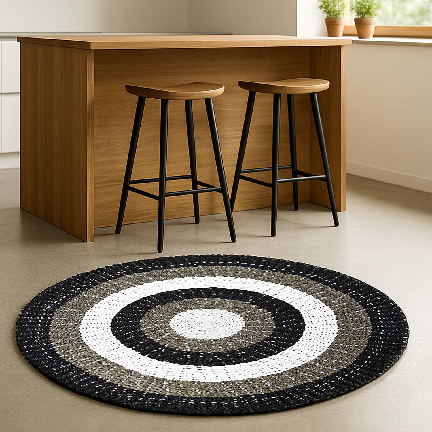 Bali Collection - 100% Handmade Woven Seagrass Rug (Size-100 Cm) - White, Black & Beige