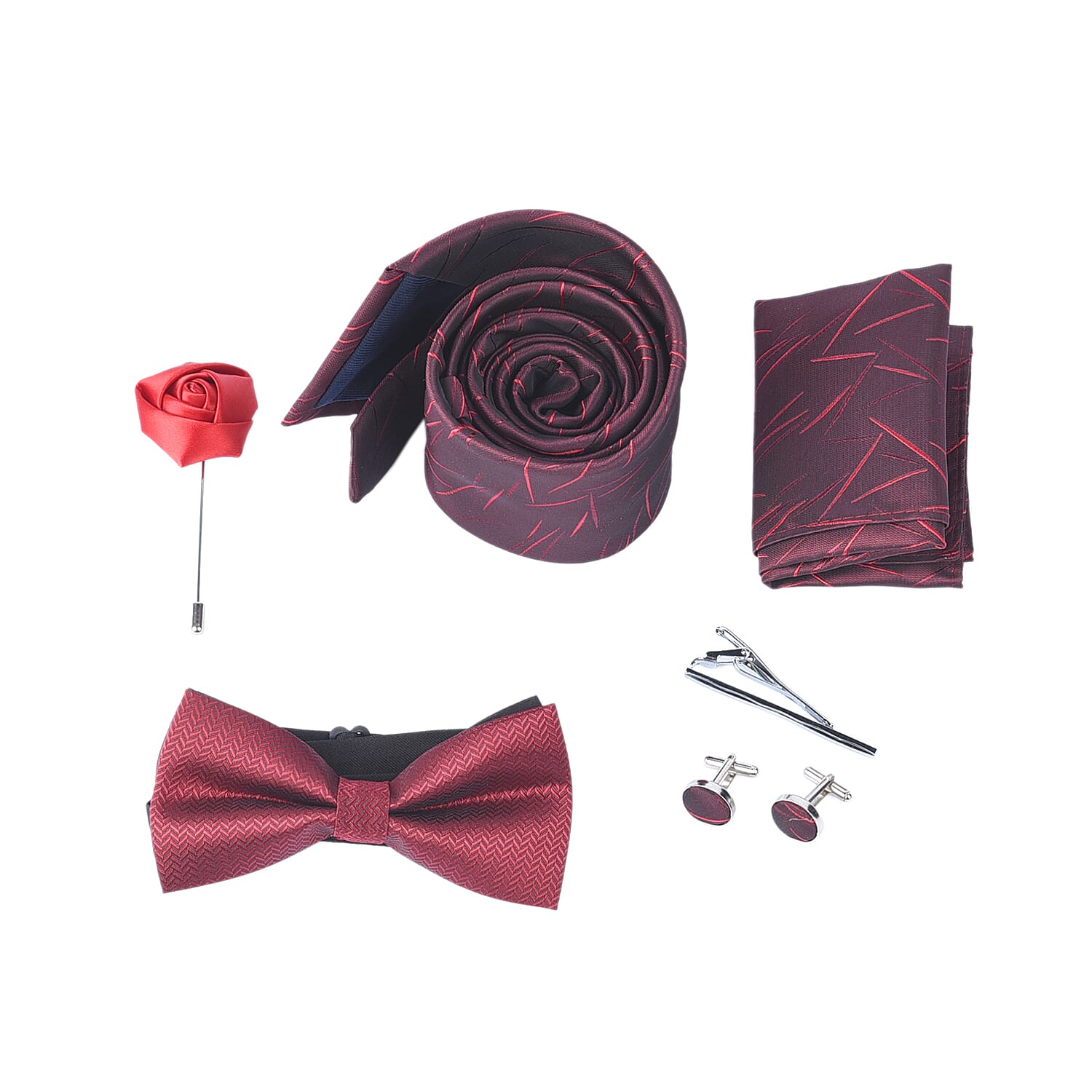 Mens Gift Set (Includes Cufflink, Bow Tie, Scarf, Tie Bar, Brooch, Tie) - Wine Red