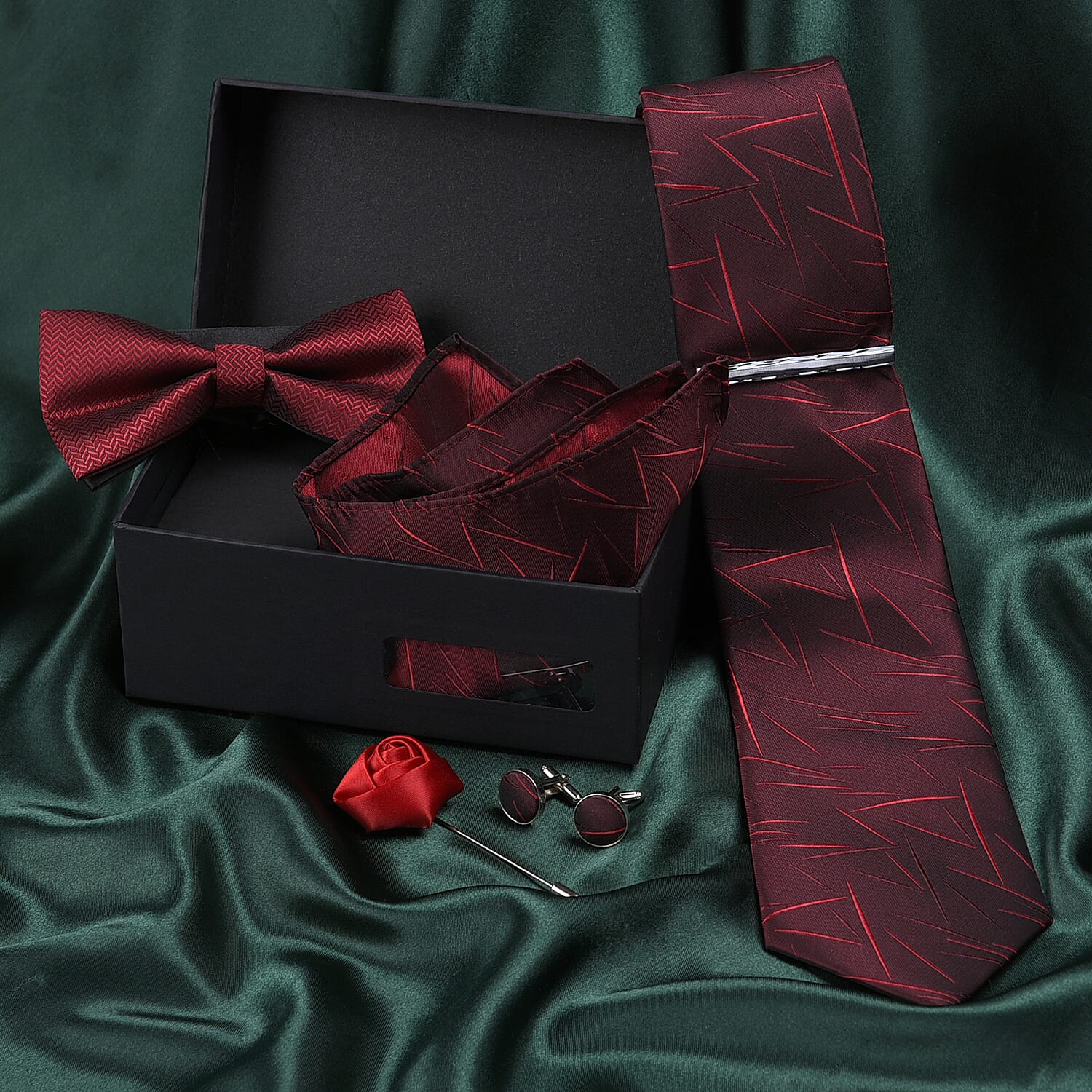 Mens Gift Set (Includes Cufflink, Bow Tie, Scarf, Tie Bar, Brooch, Tie) - Wine Red