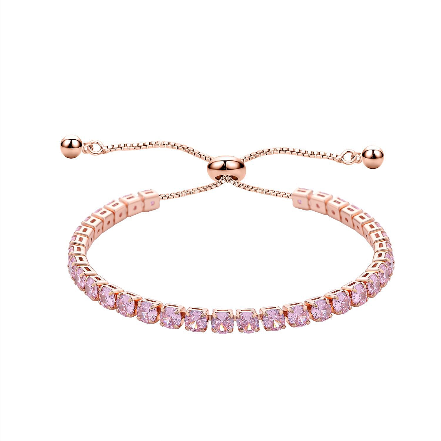 Simulated Pink Sapphire Adjustable Tennis Bolo Bracelet (Size - 6.5) in Rose Gold Tone