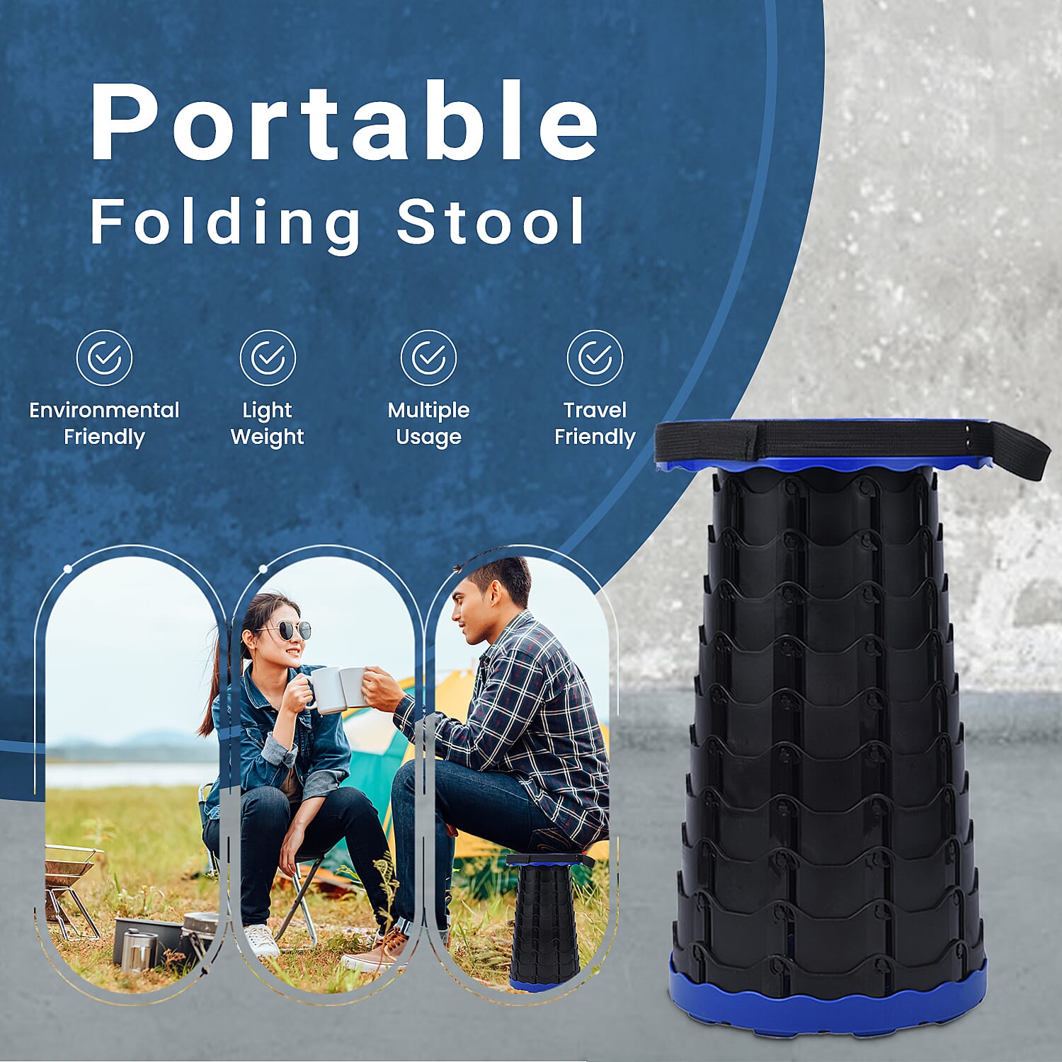 Portable Folding Stool with Strap (Size 25 Cm) - Blue & Black