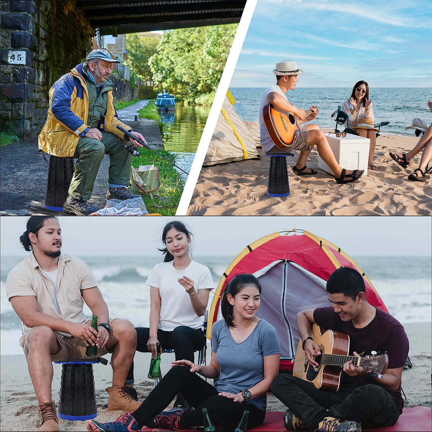 Portable Folding Stool with Strap (Size 25 Cm) - Blue & Black