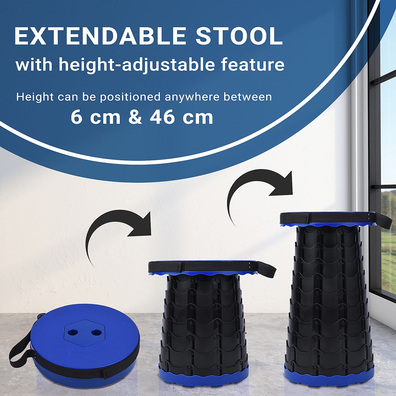 Portable Folding Stool with Strap (Size 25 Cm) - Blue & Black
