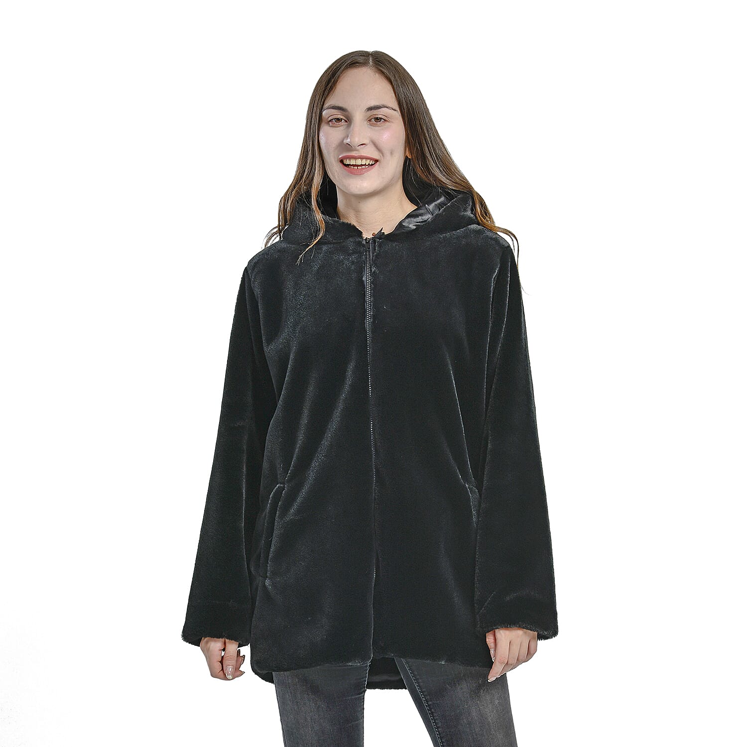 TAMSY Faux Fur Long Sleeved Coat - Black