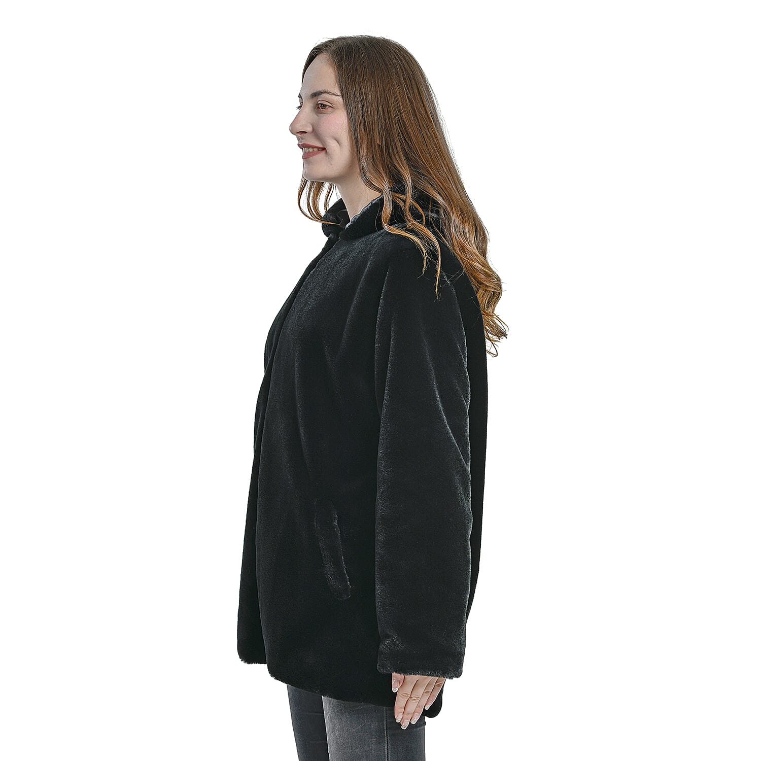 TAMSY Faux Fur Long Sleeved Coat - Black