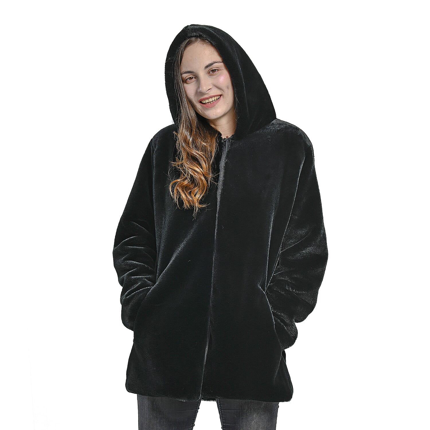 TAMSY Faux Fur Long Sleeved Coat - Black