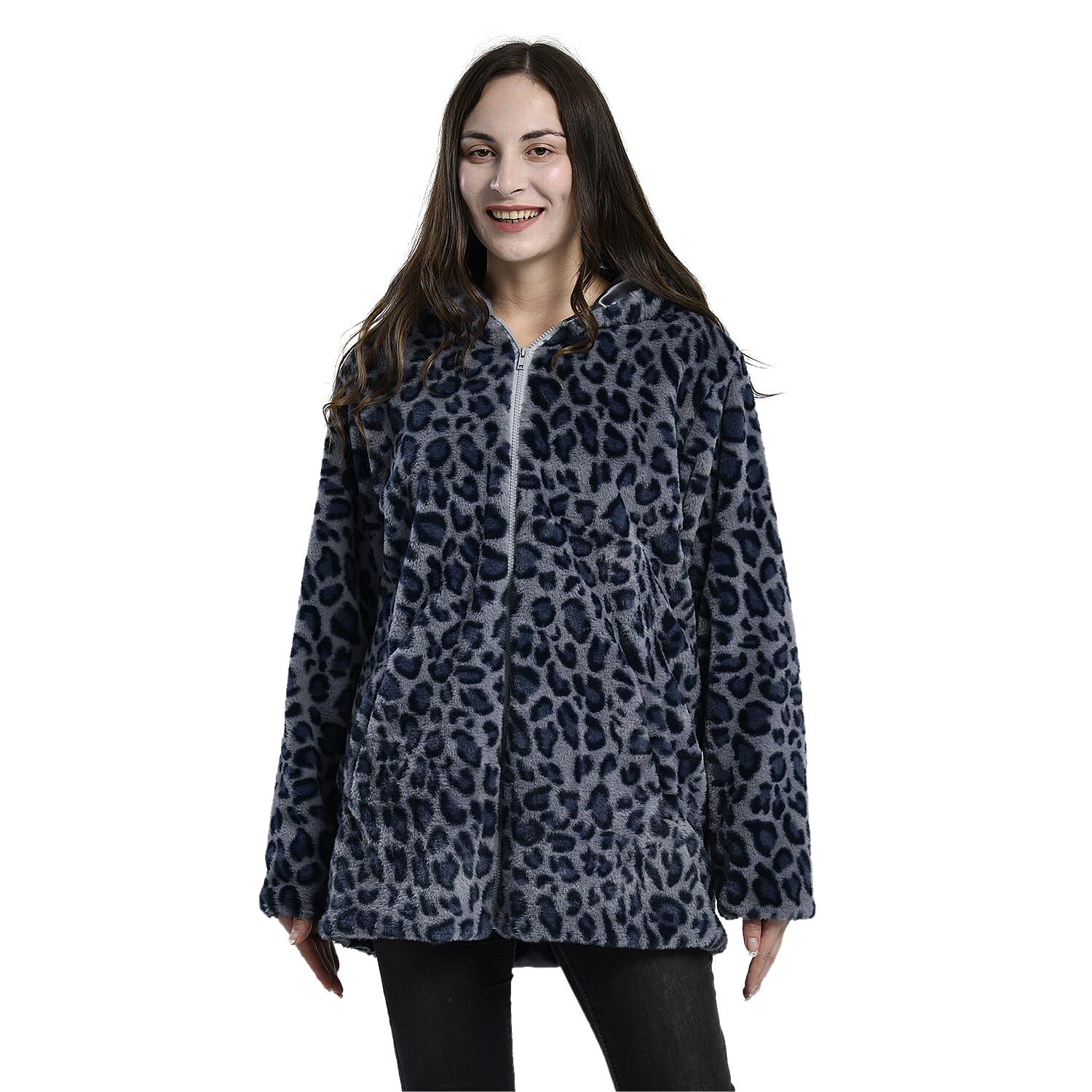 TAMSY Leopard Pattern Faux Fur Long Sleeved Hooded Coat (Size M, 12-14) - Grey