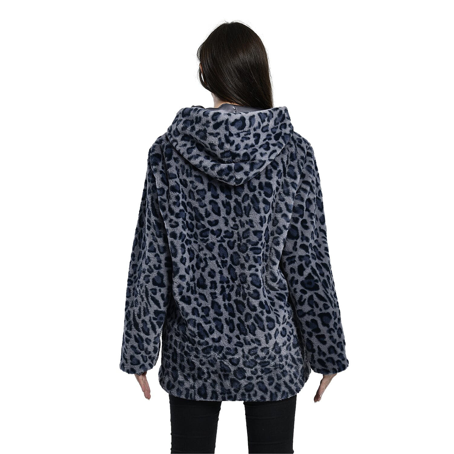 TAMSY Leopard Pattern Faux Fur Long Sleeved Hooded Coat (Size M, 12-14) - Grey