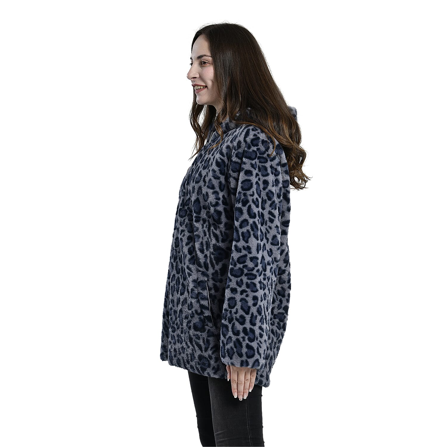 TAMSY Leopard Pattern Faux Fur Long Sleeved Hooded Coat (Size M, 12-14) - Grey