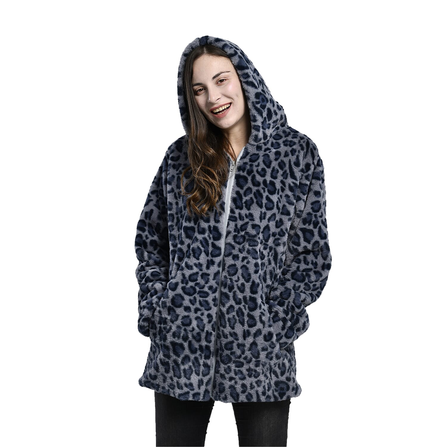 TAMSY Leopard Pattern Faux Fur Long Sleeved Hooded Coat (Size M, 12-14) - Grey