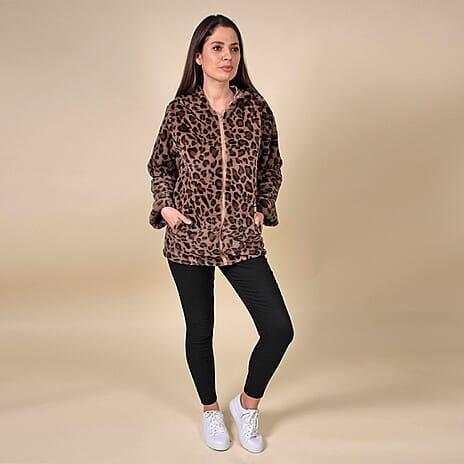 TAMSY Leopard Pattern Faux Fur Long Sleeved Coat (Size L, 118x78x60 Cm) - Brown