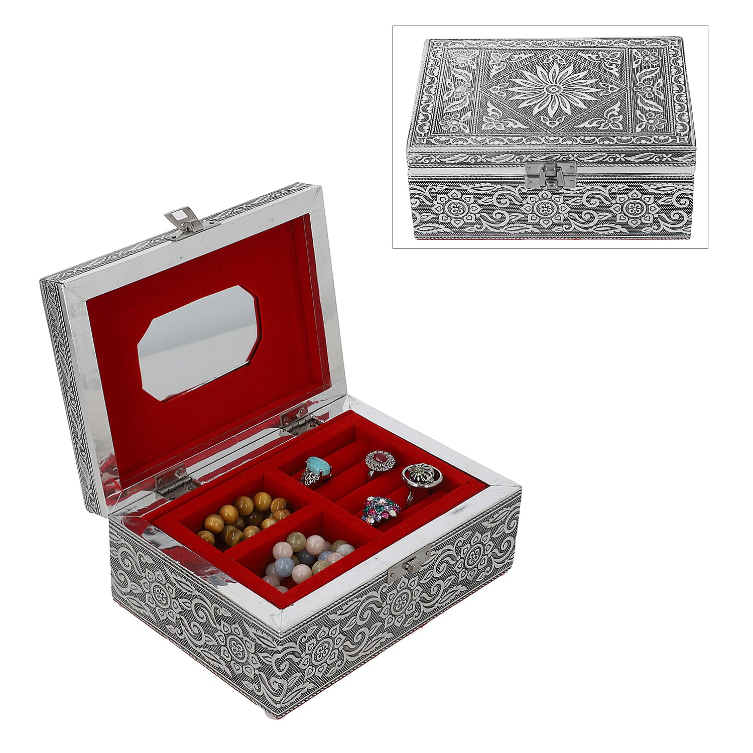 Oxidized Jewelry Box with Tray Flower & Leaf Pattern