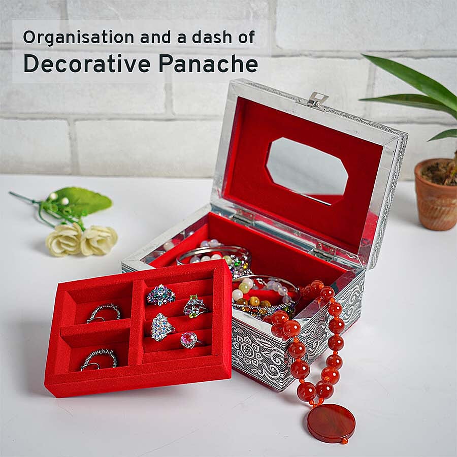 Oxidized Jewelry Box with Tray Flower & Leaf Pattern