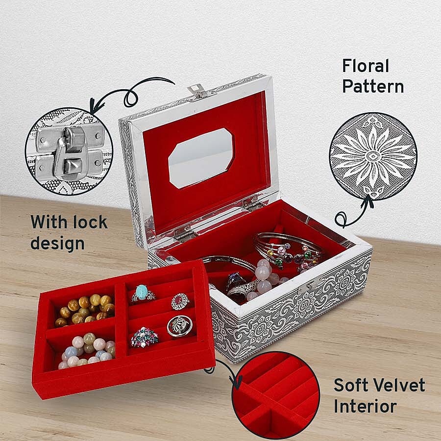 Oxidized Jewelry Box with Tray Flower & Leaf Pattern