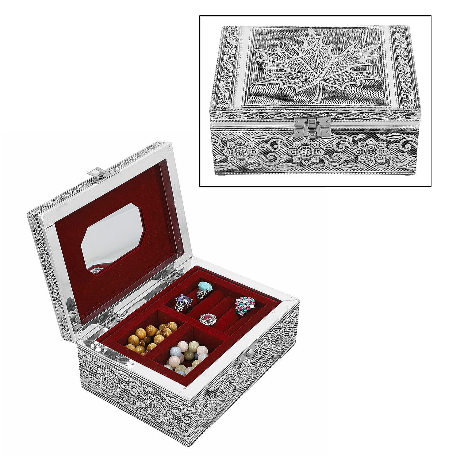 Portable Maple Leaf Pattern Jewellery Box with Tray and Maroon Velvet Lining (Size 18x12x7Cm)