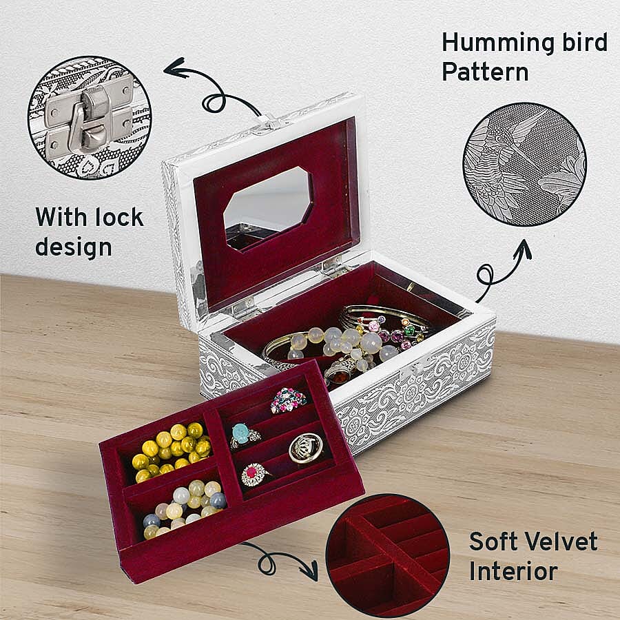 Portable Humming Bird Pattern Jewellery Box with Tray and Red Velvet Lining (Size 18x12x7Cm)