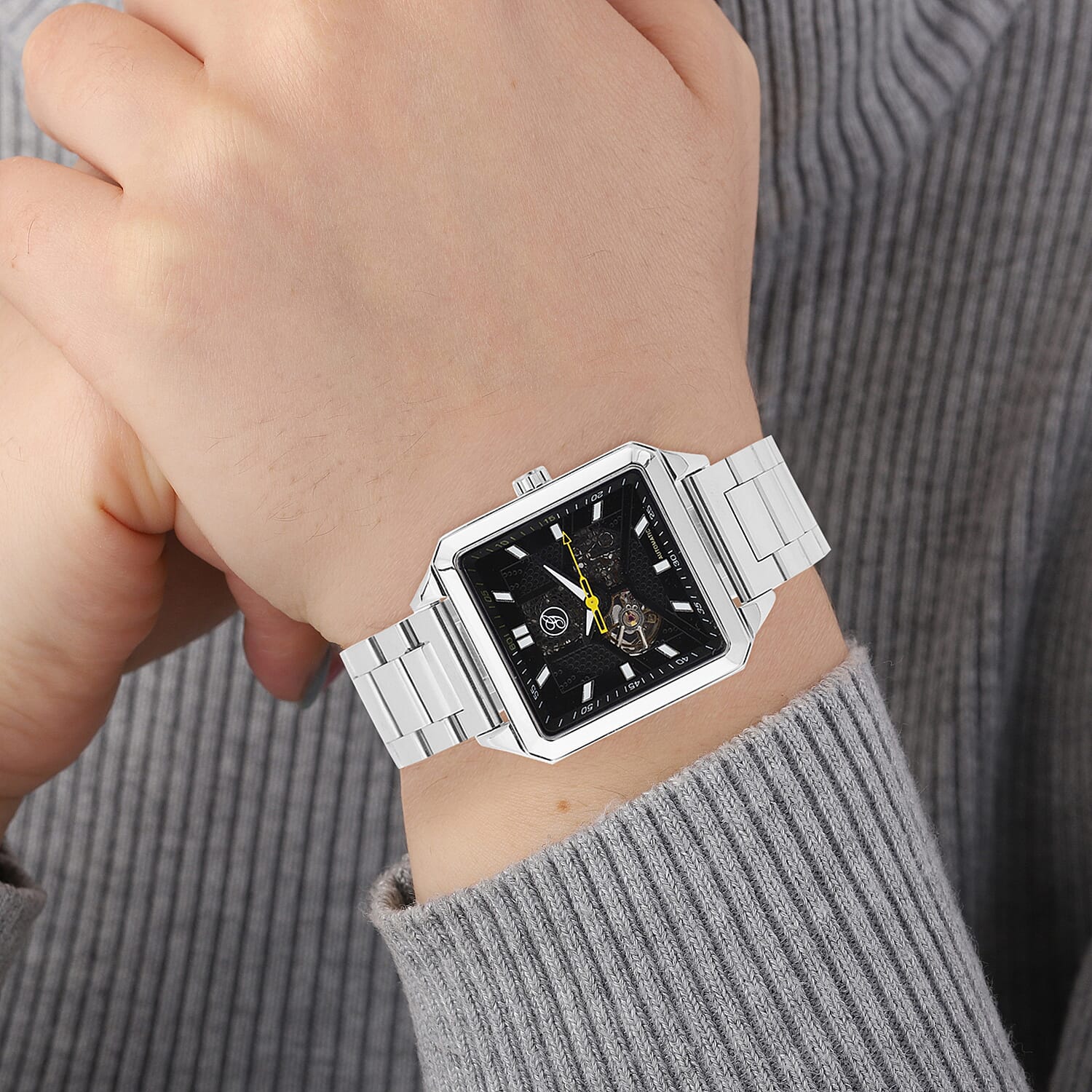 Close Out Deal - GENOA Automatic GENOA Automatic Movement Black Skeleton Style Dial 5 ATM Water Resistant Watch with Chain Strap in Silver Tone