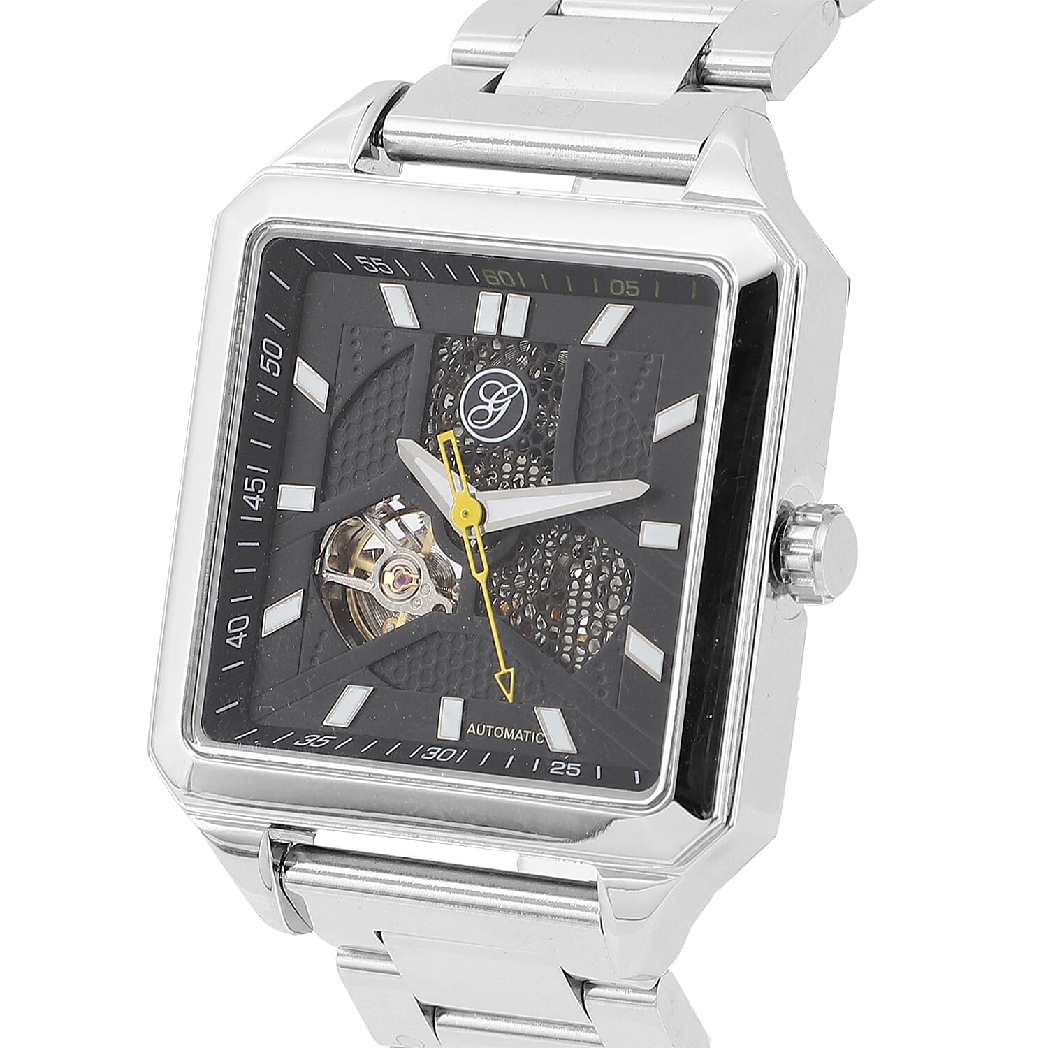 Close Out Deal - GENOA Automatic GENOA Automatic Movement Black Skeleton Style Dial 5 ATM Water Resistant Watch with Chain Strap in Silver Tone