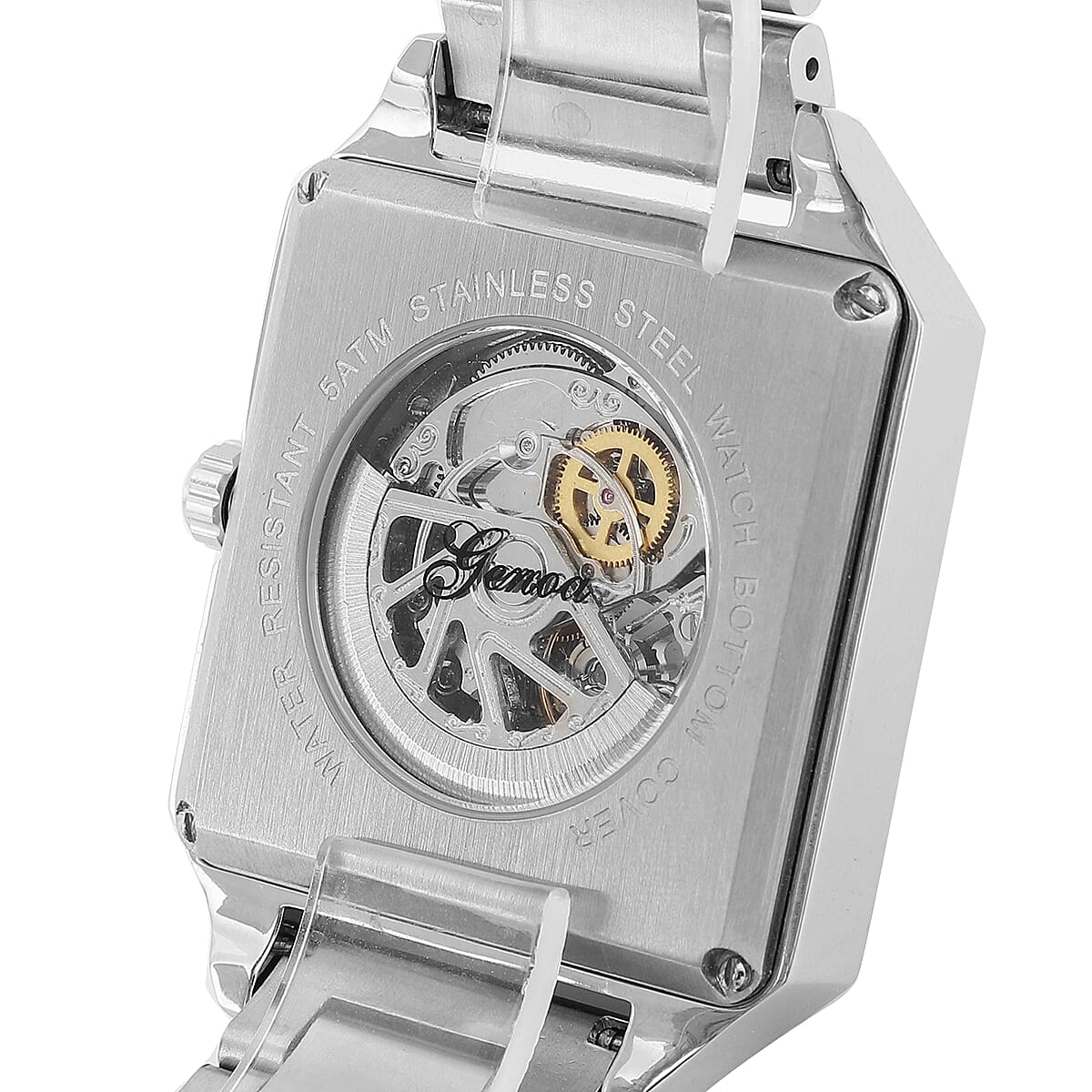 Close Out Deal - GENOA Automatic GENOA Automatic Movement Black Skeleton Style Dial 5 ATM Water Resistant Watch with Chain Strap in Silver Tone