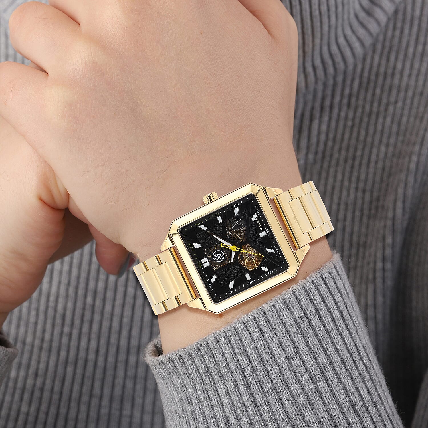 Close Out Deal - GENOA Automatic GENOA Automatic Movement Black Hollow Out Dial 5 ATM Water Resistant Watch with Chain Strap in Silver Tone