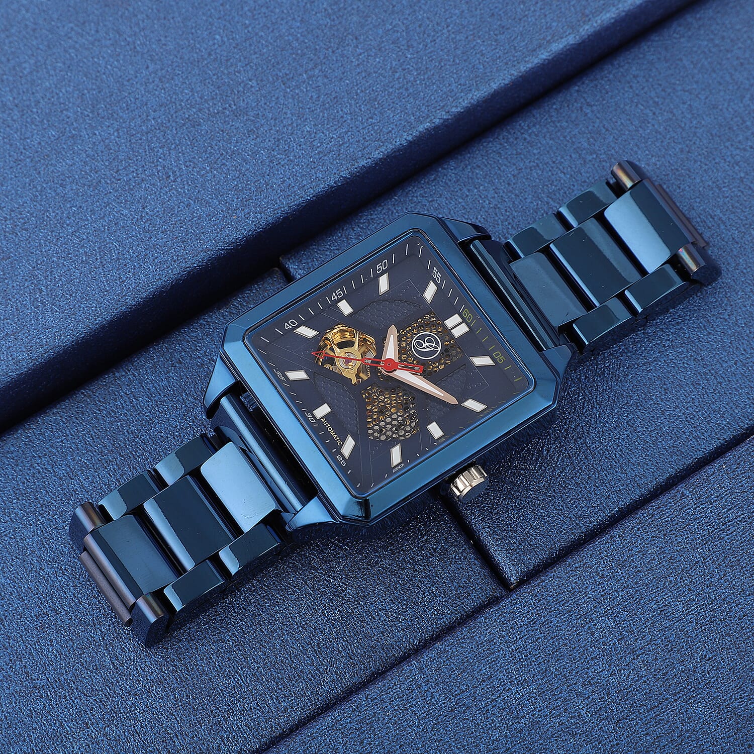 Close Out Deal - GENOA Automatic Movement 5 ATM Water Resistant Watch with Chain Strap and Butterfly Buckle Clasp in Blue Tone with 40x40 mm case