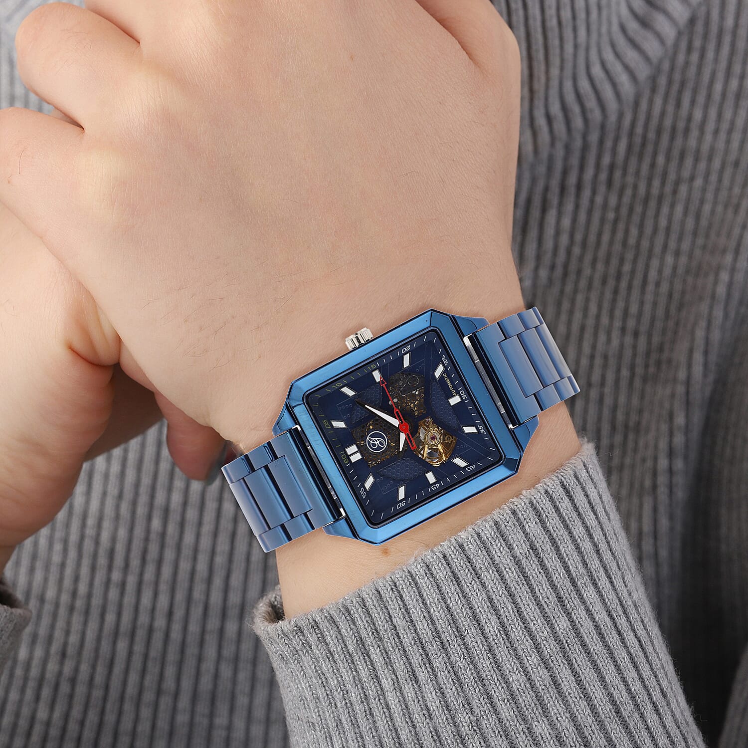 Close Out Deal - GENOA Automatic Movement 5 ATM Water Resistant Watch with Chain Strap and Butterfly Buckle Clasp in Blue Tone with 40x40 mm case