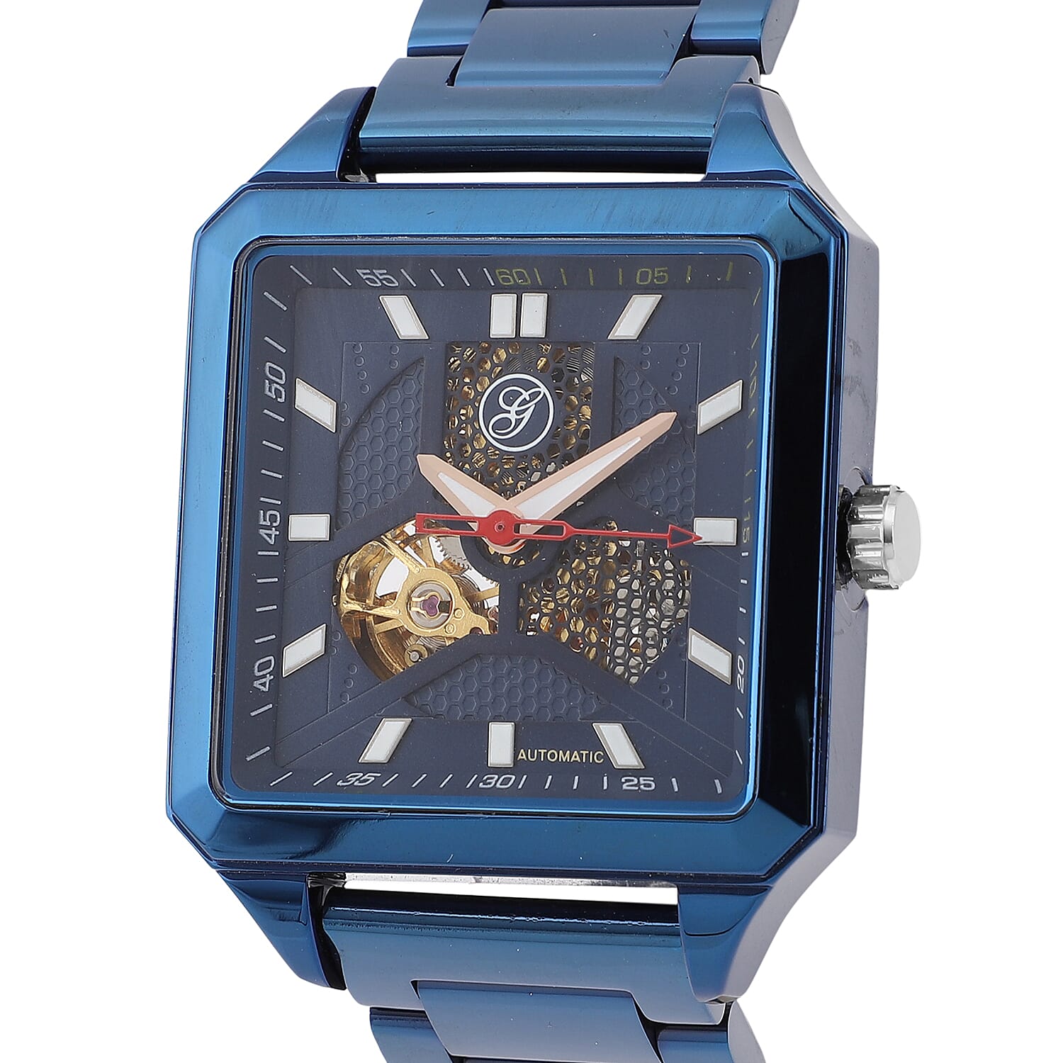 Close Out Deal - GENOA Automatic Movement 5 ATM Water Resistant Watch with Chain Strap and Butterfly Buckle Clasp in Blue Tone with 40x40 mm case