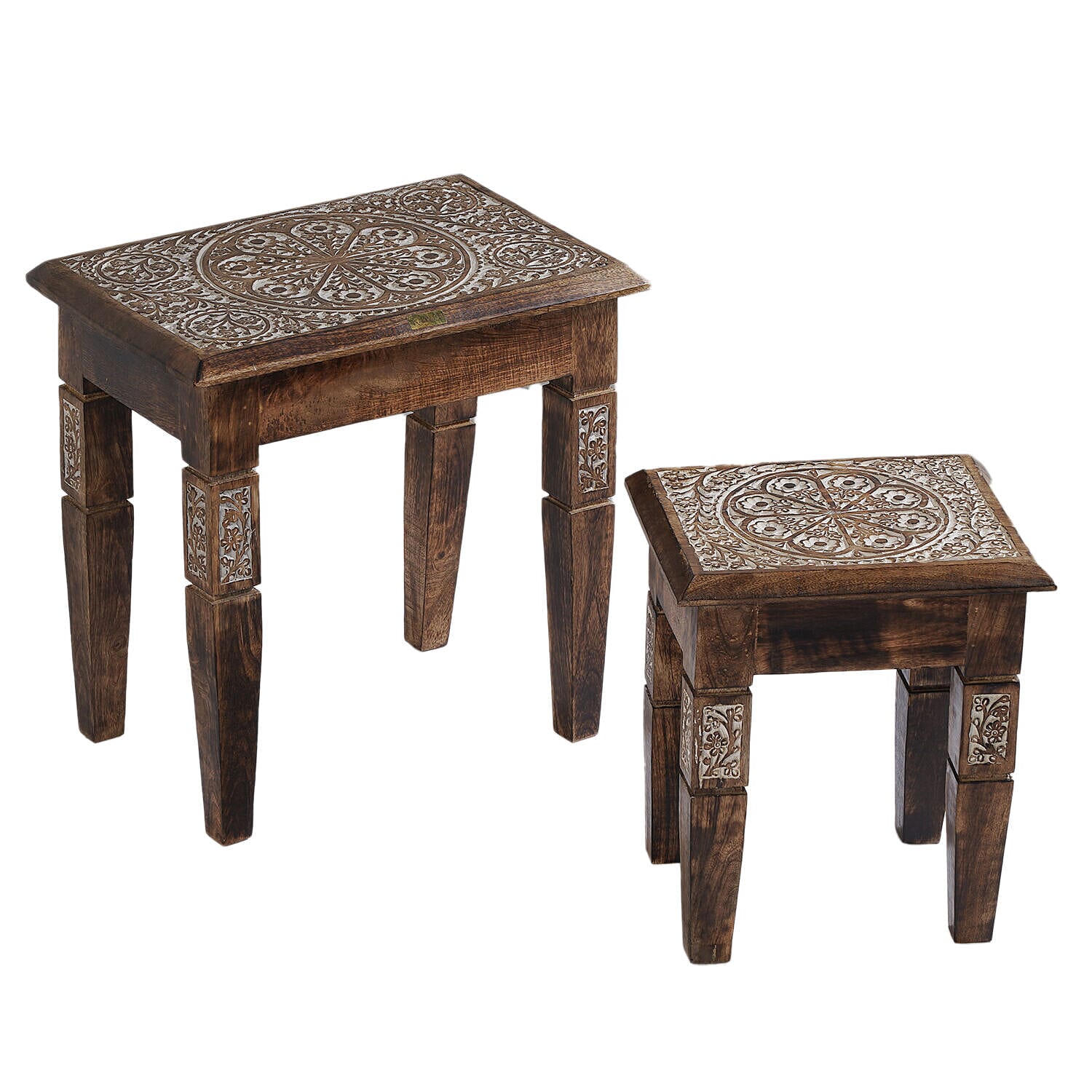 NAKKASHI Set of 2 Hand Carved Wooden Nested Table (Size 45x45x30 Cm & 38x35x25 Cm)