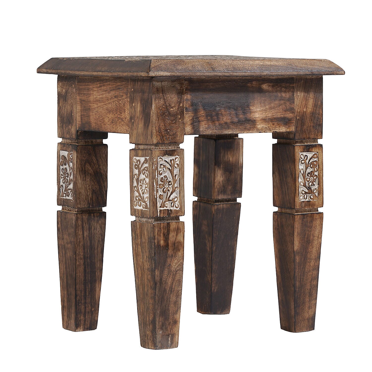 NAKKASHI Set of 2 Hand Carved Wooden Nested Table (Size 45x45x30 Cm & 38x35x25 Cm)