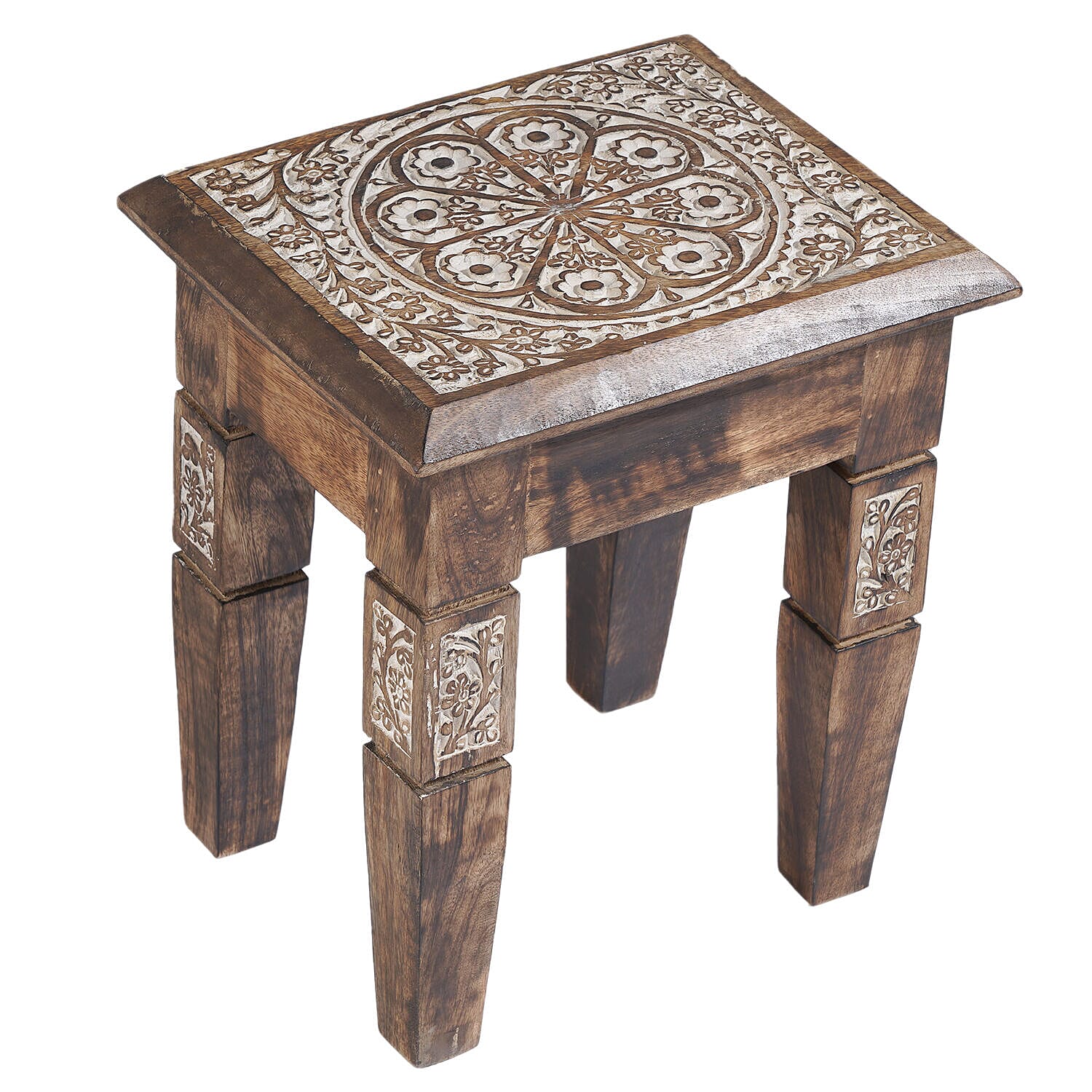 NAKKASHI Set of 2 Hand Carved Wooden Nested Table (Size 45x45x30 Cm & 38x35x25 Cm)