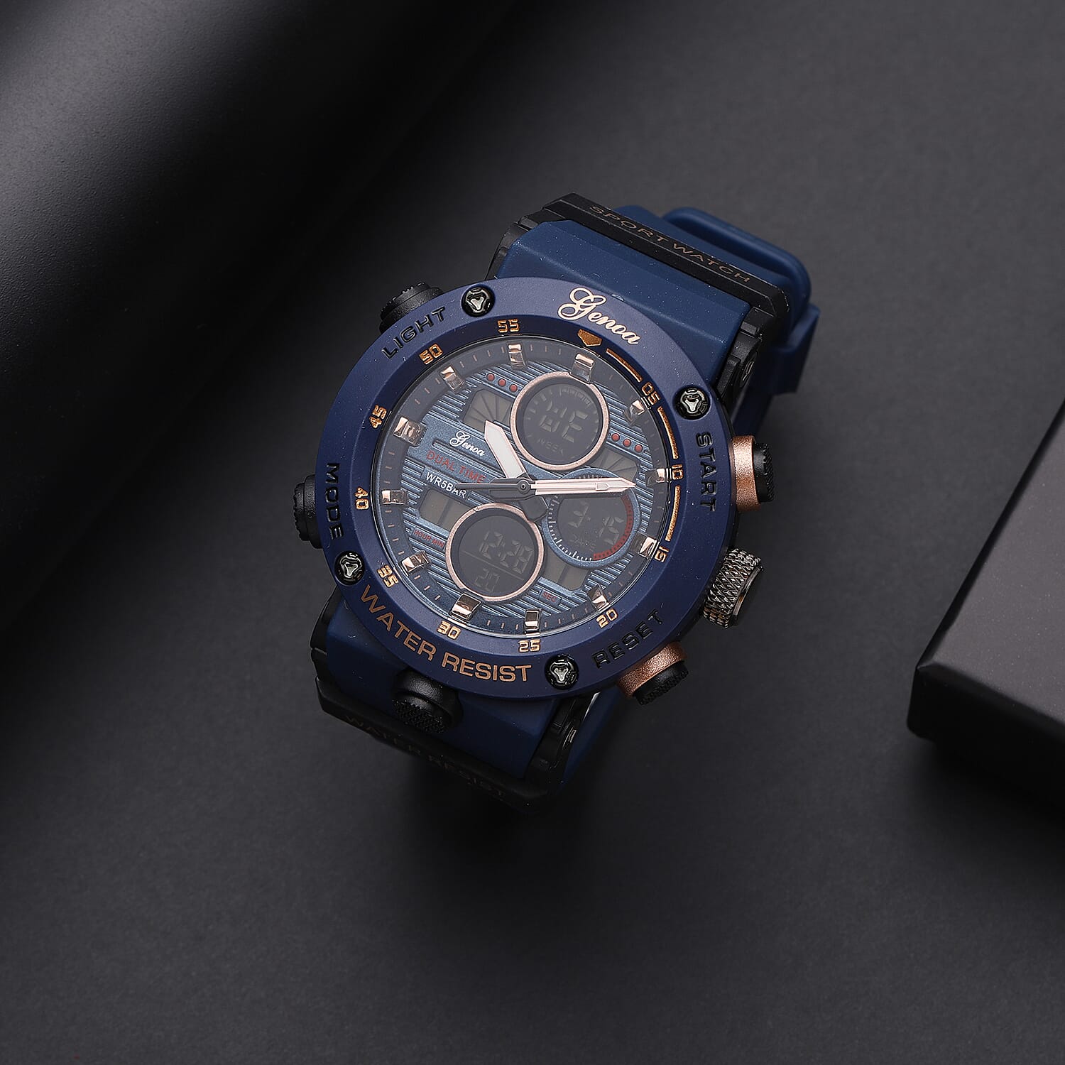GENOA Japanese and Electronic Movement 5 ATM Water Resistant Watch with Stainless Steel Back and Navy Blue TPU Strap - Black