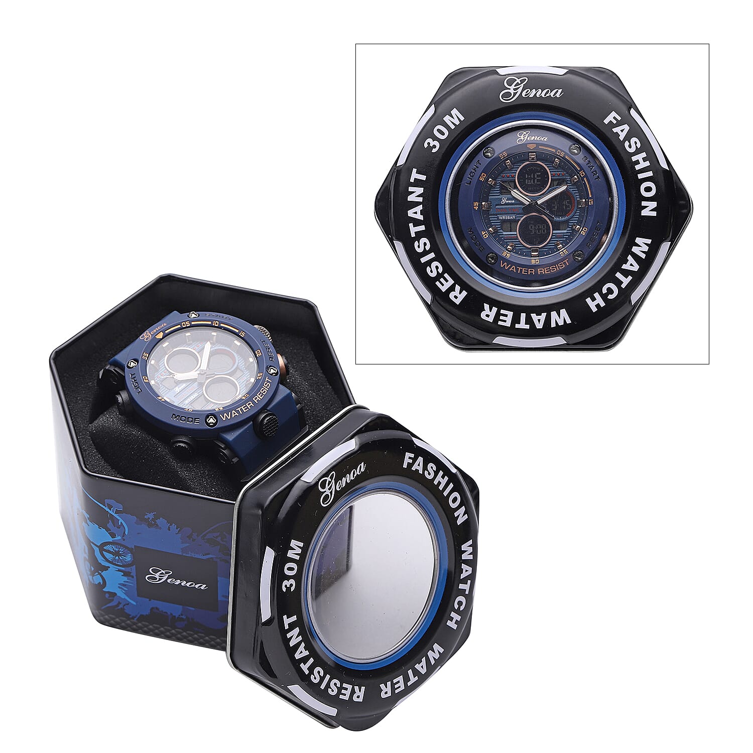 GENOA Japanese and Electronic Movement 5 ATM Water Resistant Watch with Stainless Steel Back and Navy Blue TPU Strap - Black