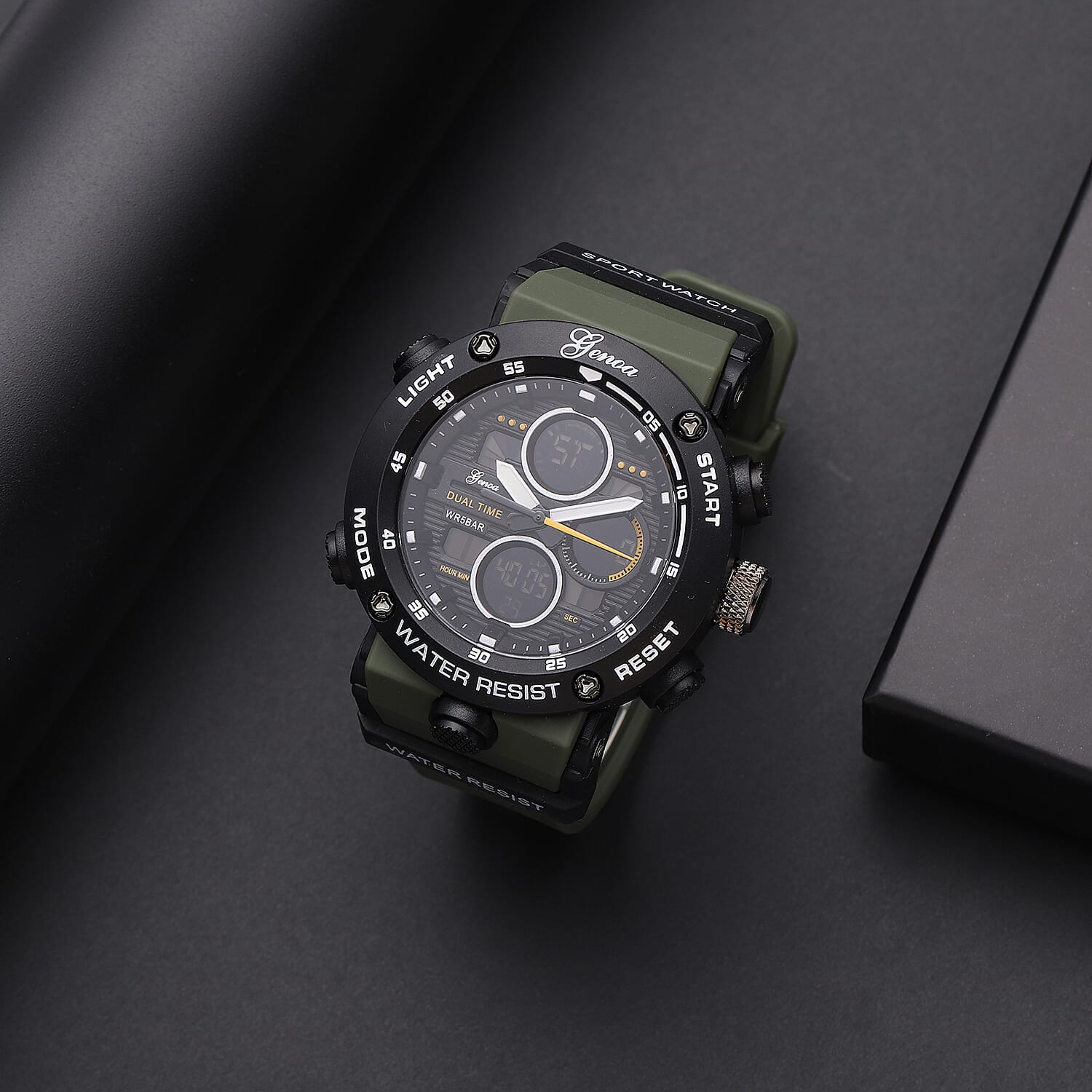 GENOA Japanese and Electronic Movement 5 ATM Water Resistant Watch with Stainless Steel Back and Green TPU Strap - Black