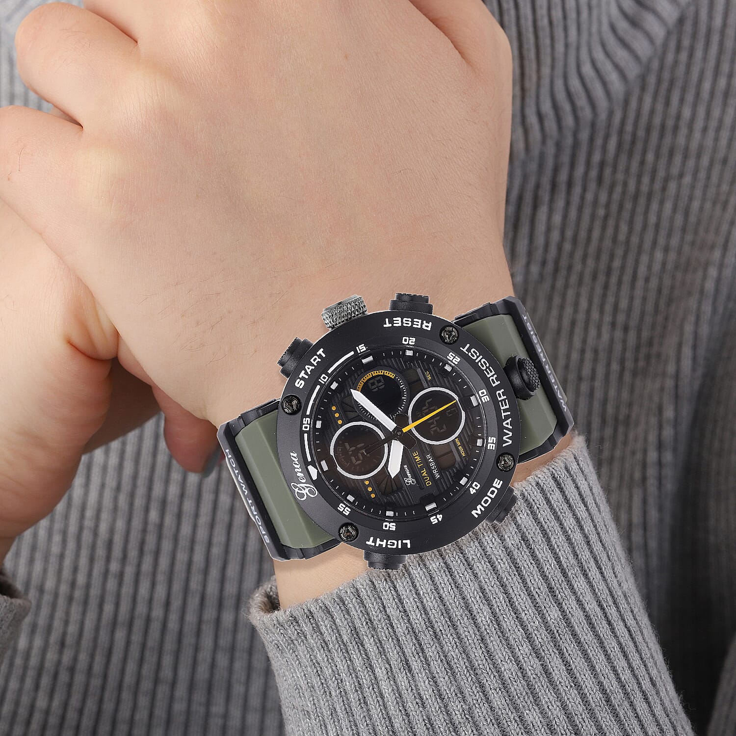 GENOA Japanese and Electronic Movement 5 ATM Water Resistant Watch with Stainless Steel Back and Green TPU Strap - Black