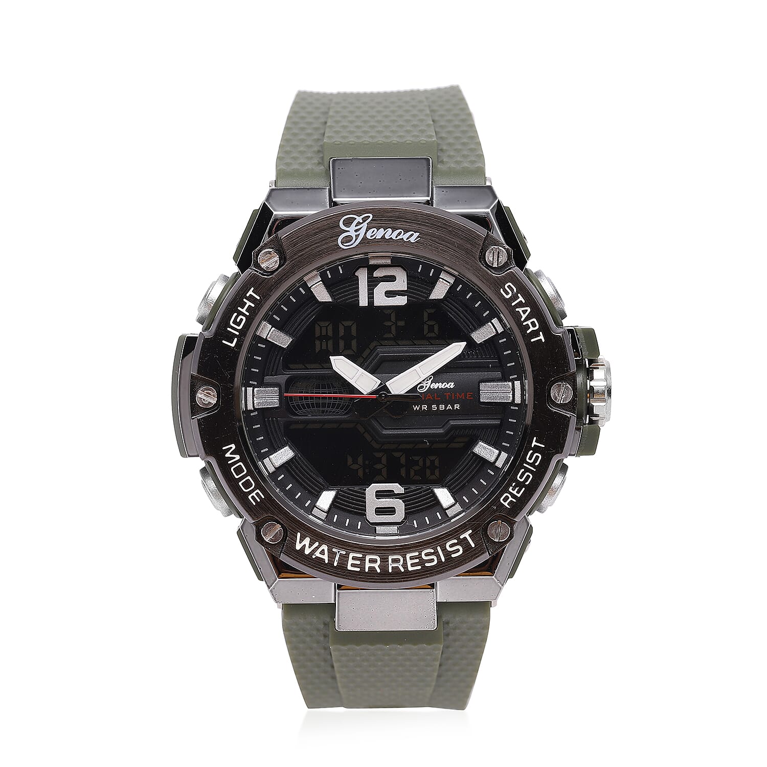 GENOA Japanese and Electronic Movement 5 ATM Water Resistant Watch with  Stainless Steel Back and Green Faux Leather Strap - Black - 6484773 - TJC