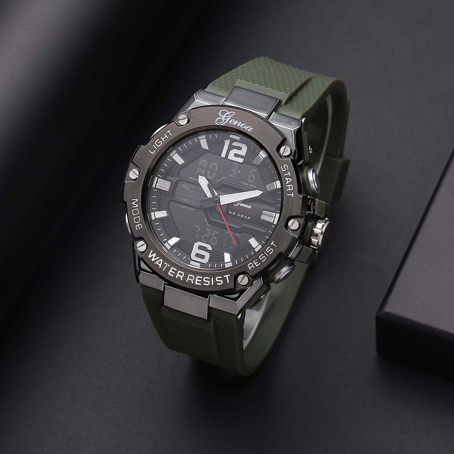 GENOA Japanese and Electronic Movement 5 ATM Water Resistant Watch with Stainless Steel Back and Green TPU Strap - Black