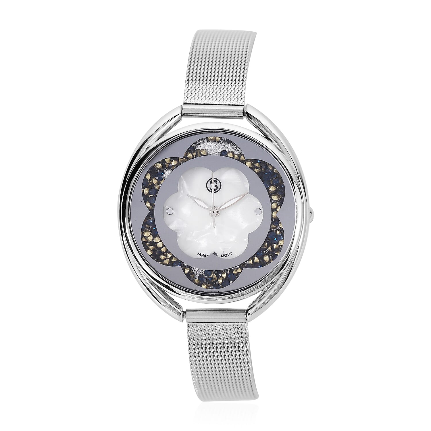 STRADA Japanese Movement White Dial Blue Crystal Studded Water Resistant Watch with Silver Colour Mesh Belt