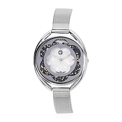 STRADA Japanese Movement White Dial Blue Crystal Studded Water Resistant Watch with Silver Colour Mesh Belt